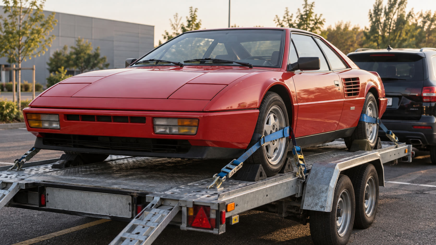 Voiture sportive ancienne correctement sanglée sur une remorque plateau